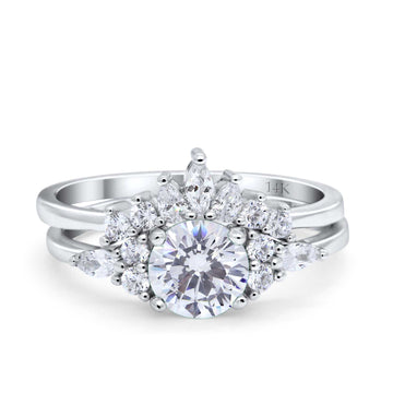 14K White Gold Two Piece Round Bridal Set Ring Wedding Engagement Band Simulated CZ Size 7